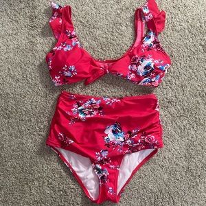 Red floral high rise bikini